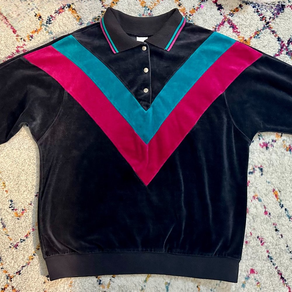 Vintage 80s Retro Jantzen Velour Chevon Long Sleeve Snap Top - S